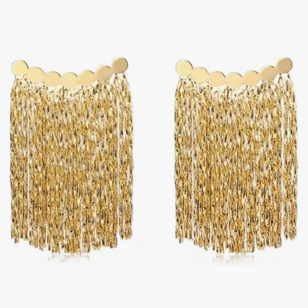 🆕 Gold Chain Fringe Tassel Dangle Cuff Statement Earrings